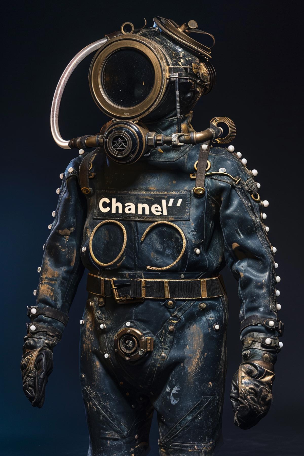 \"Chanel\" logo is featured on a luxurious diving suit with pearl-embedded details. This underwater couture piece, combining style with deep-sea functionality, reimagines Chanel in the world of aquatic exploration.