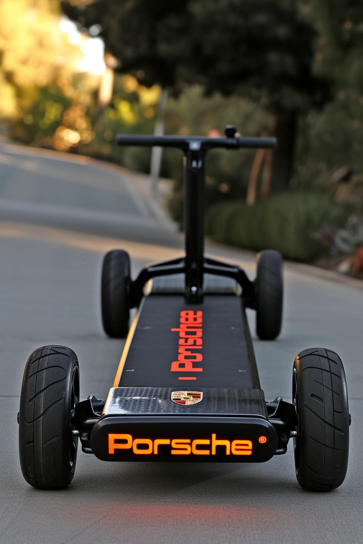 Porsches iconic crest graces a high-speed electric skateboard, bringing the thrill of acceleration to the streets in a way never anticipated from a luxury automotive brand with the inscription \"Porsche\"