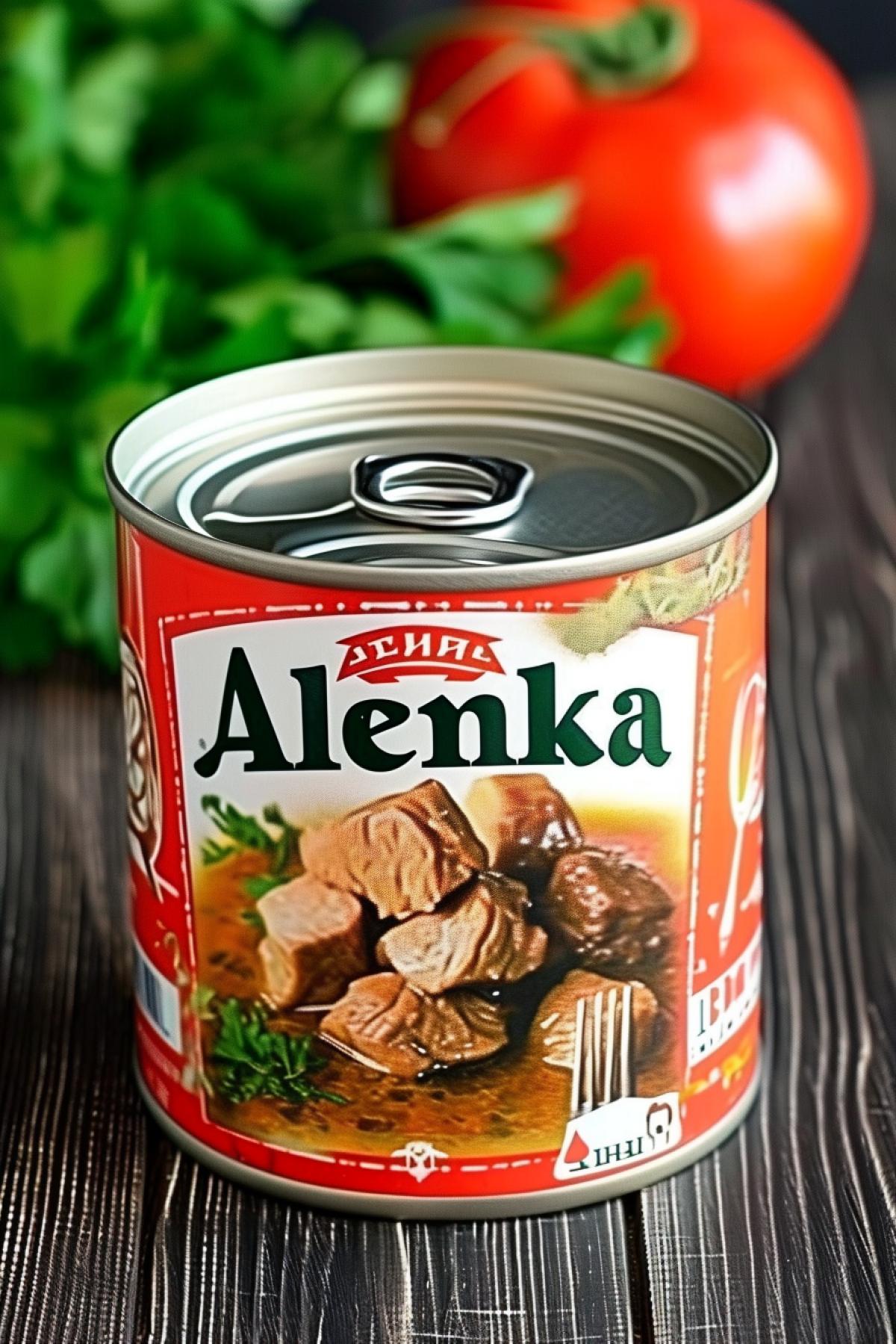 A can of stewed meat with the Russian logo \"Alenka\".