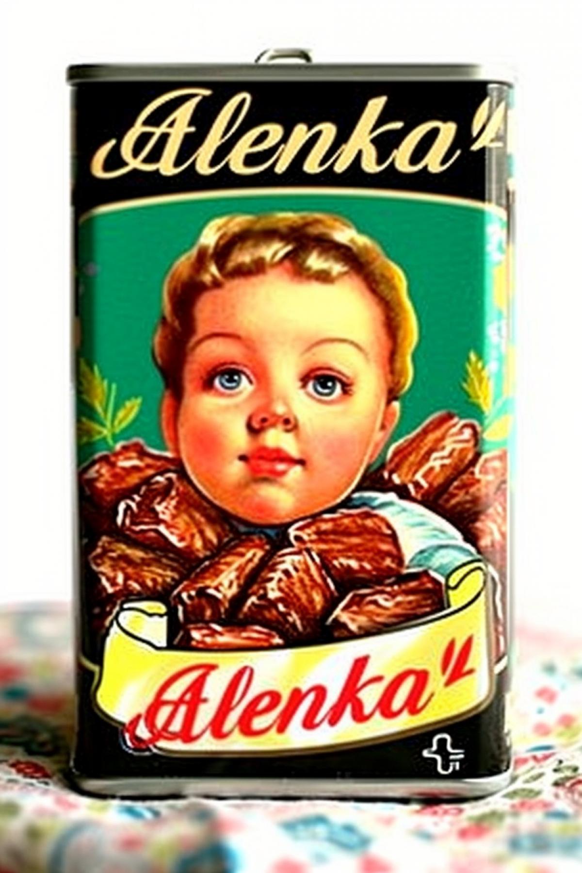 A can of stewed meat with the Russian logo \"Alenka\".