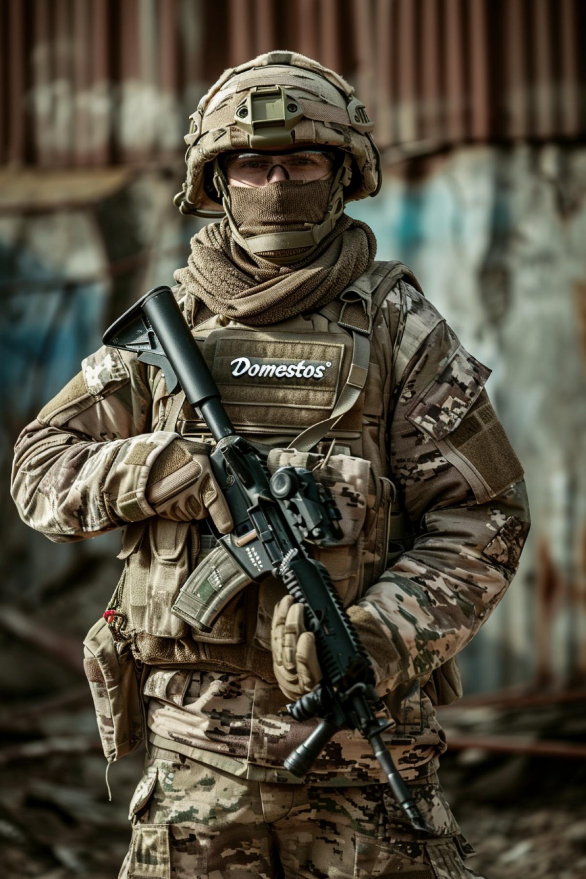 Warrior of a private military security company in camouflage uniform. On the chevrons is the trade logo of the Domestos company \"Domestos\"