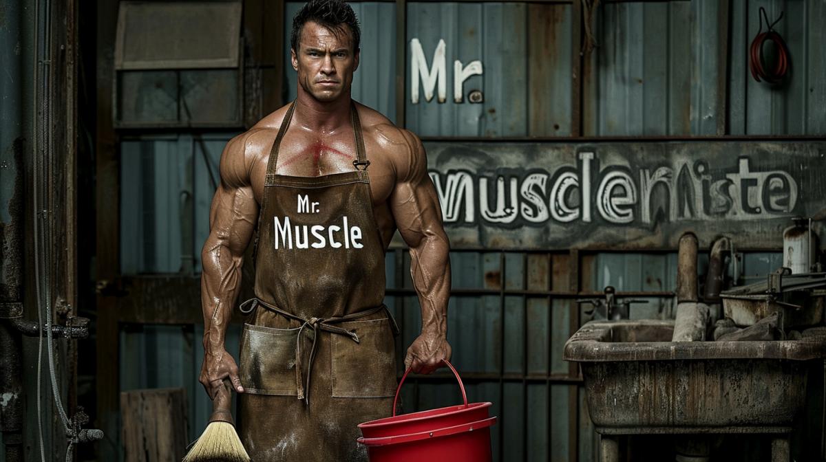 The inscription “Mr. Muscle” on the apron, a photo of a muscleman in an apron, “Mister muskle” embroidery on the apron, a man with a toilet brush, with a bucket