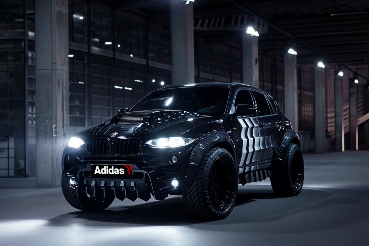 Luxury crossover car in dark with three white stripes. Adidas brand style. \"Adidas\"