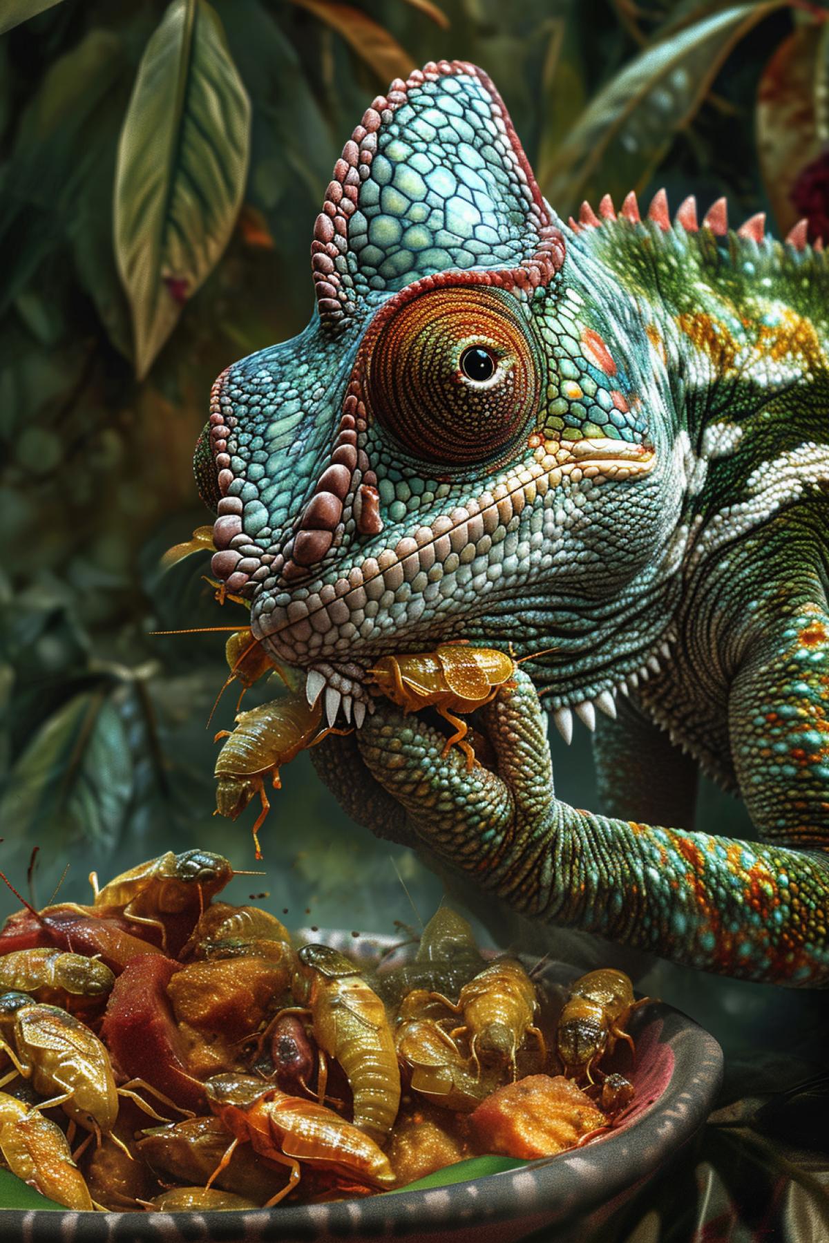 Satisfied happy chameleon eats a delicious dish of fried grasshoppers food magic close-up food illustration