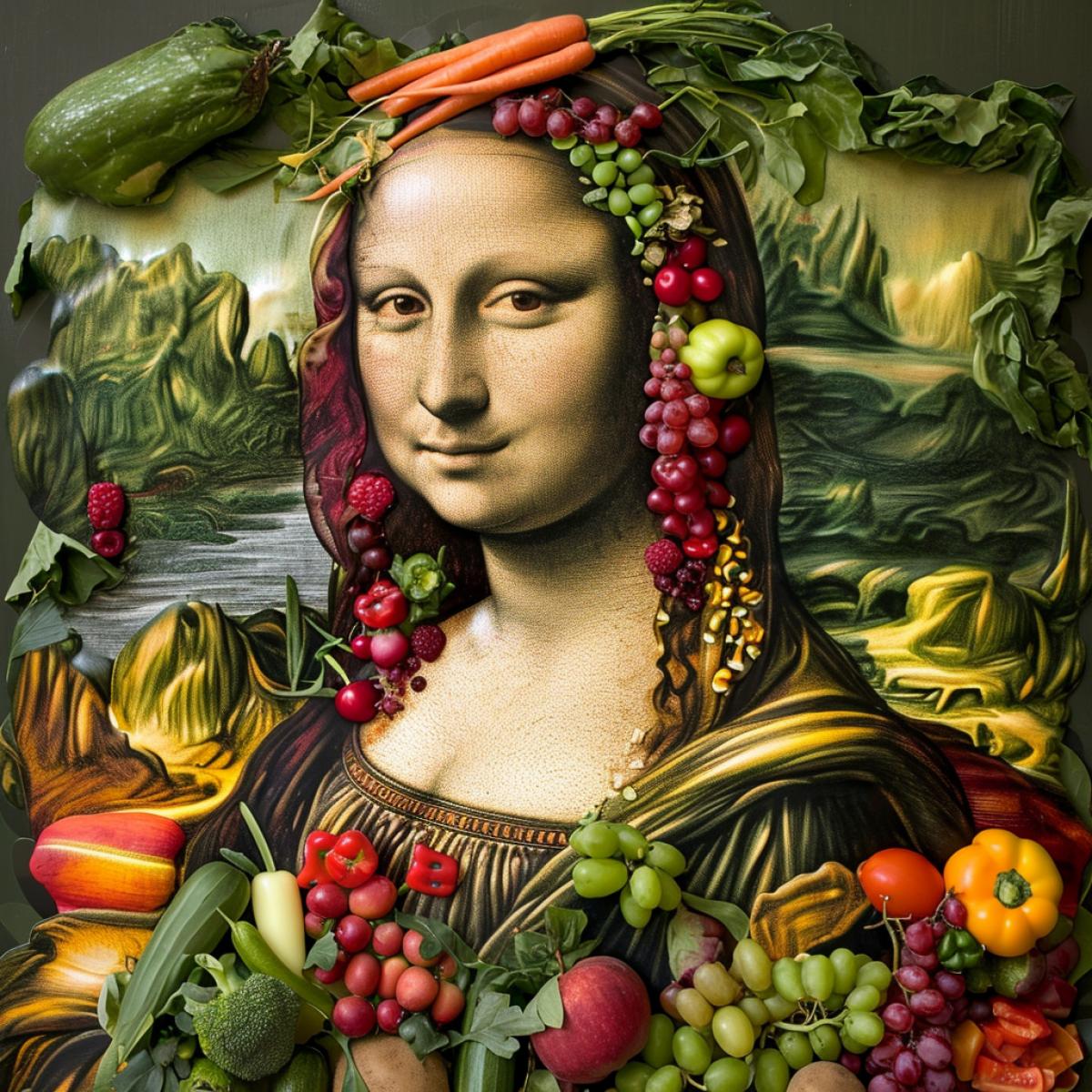 Portrait of Mona Lisa made from vegetables and fruits