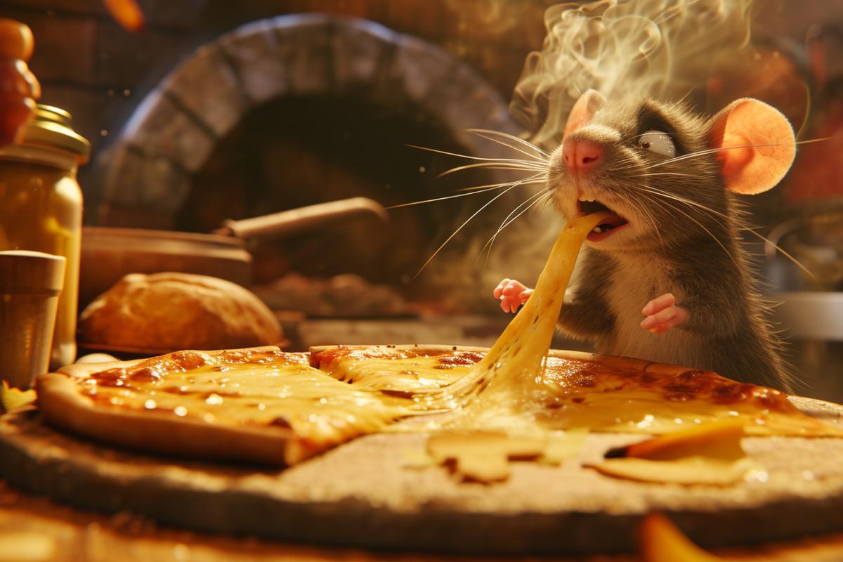 The mouse is delighted with the aroma of cheese pizza, cheese fragrant pizza aroma of smell in the form of haze Pixar style