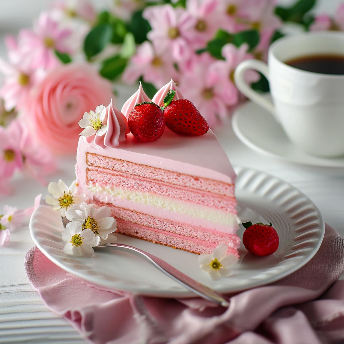 Exquisite beautiful pink cake and cup of coffee, food