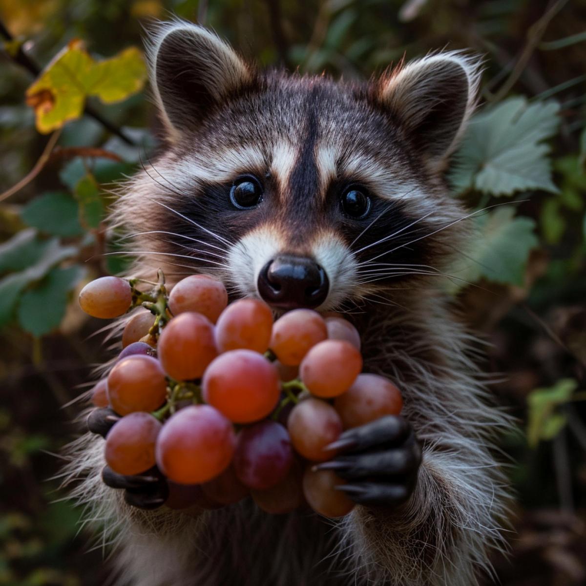 Raccoon elegantly eats grapes
