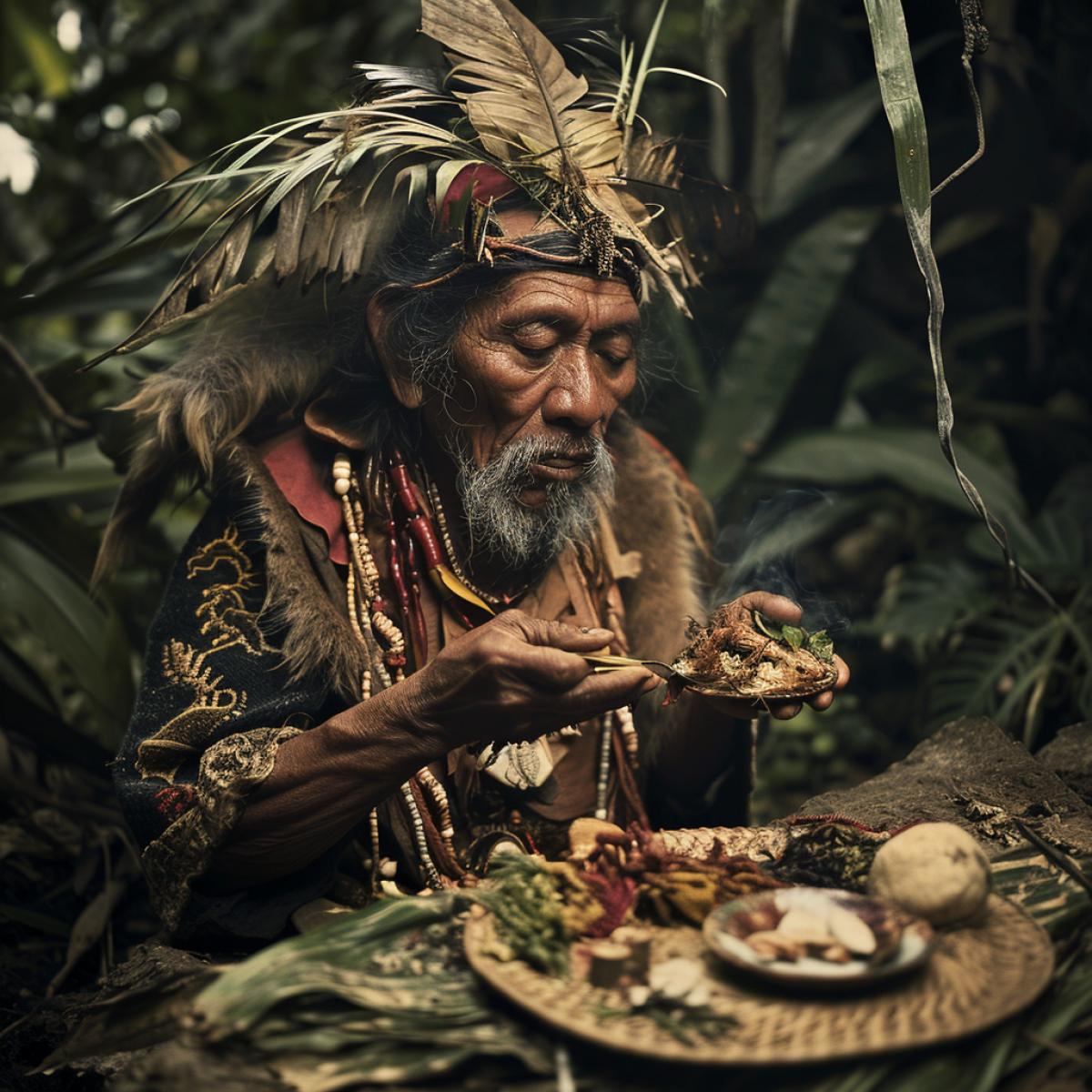The beauty of a shamans ritual breakfast in a primitive tribe