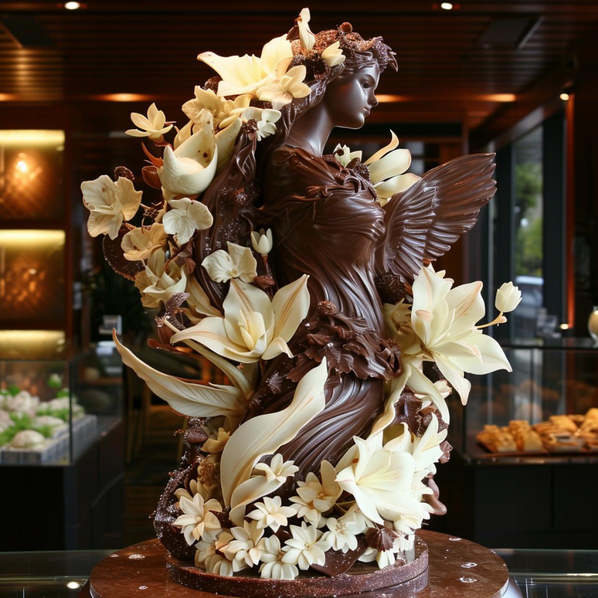 Huge beautiful chocolate sculpture made of dark and white chocolate
