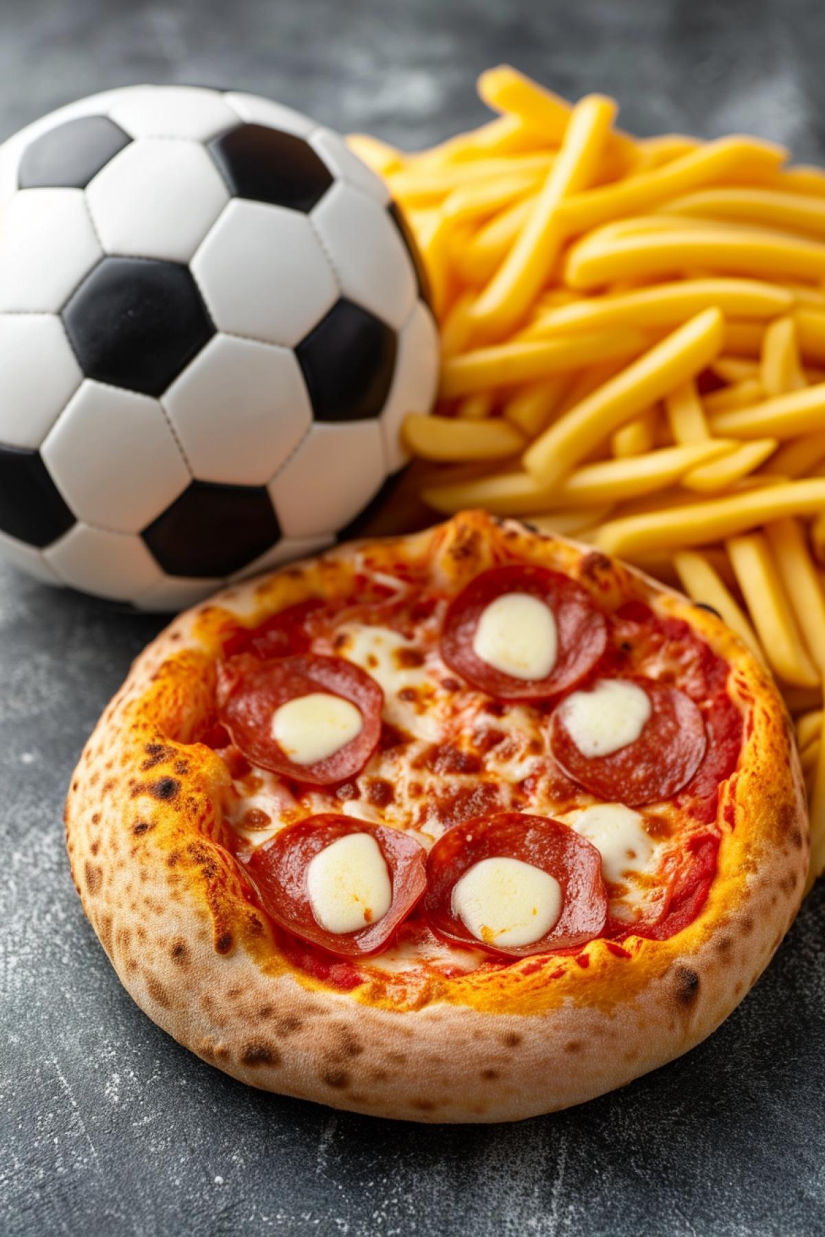 Gourmet feast at a football match, cheeses, pizza, potatoes, lunch
