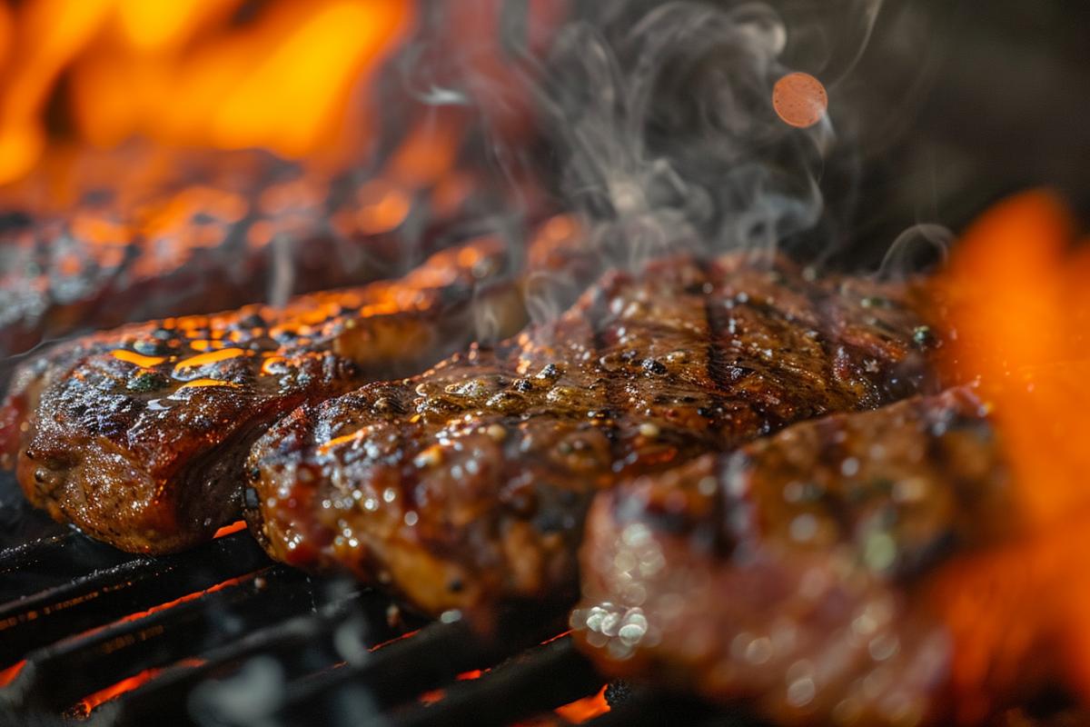 Grilled meat, closeup, Cinematic shot + photos taken by ARRI, photos taken by sony, photos taken by canon, photos taken by nikon, photos taken by sony, photos taken by hasselblad + incredibly detailed, sharpen, details + professional lighting, photography lighting + 50mm, 80mm, 100m + lightroom gallery + behance photographys + unsplash