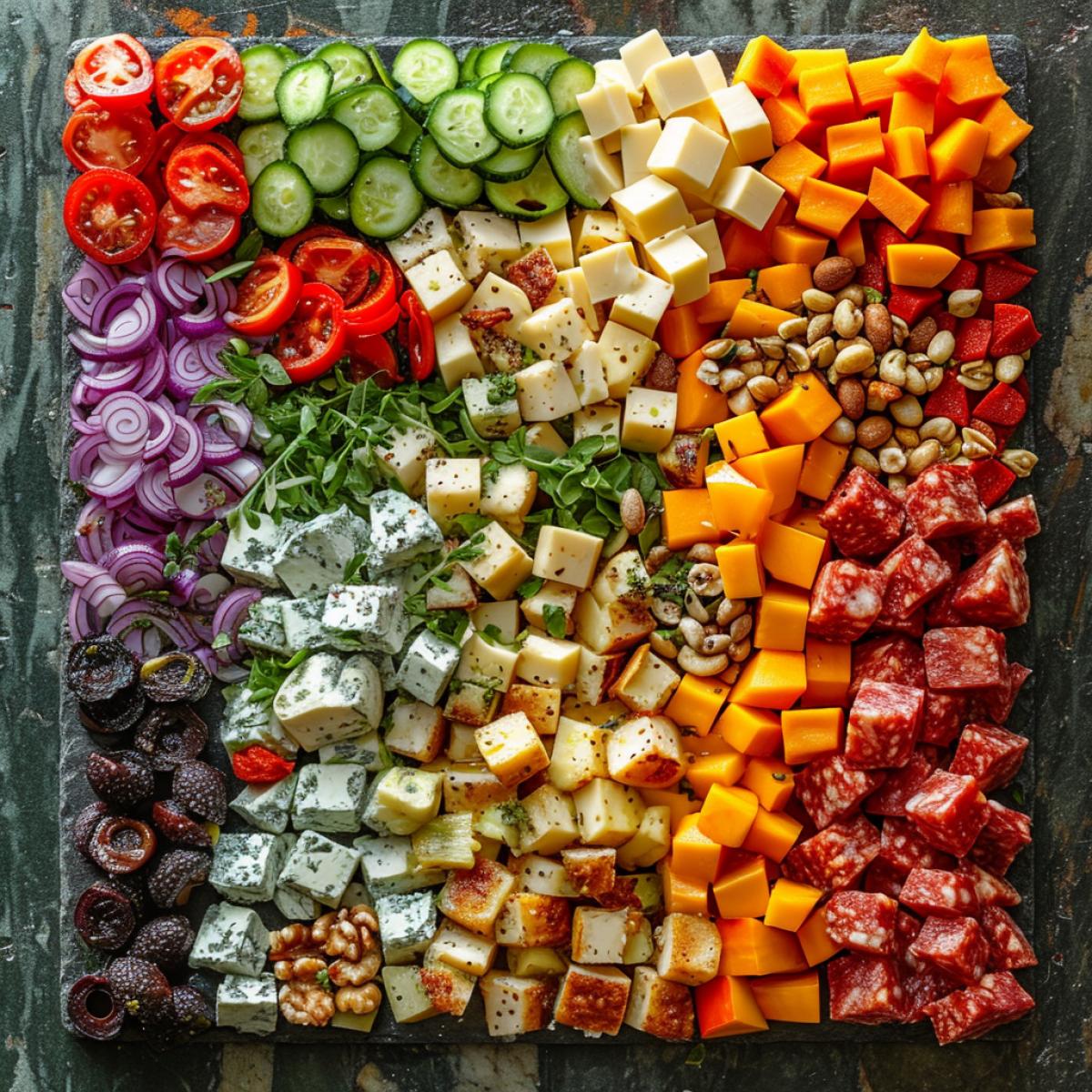 salad that looks like a mosaic, with different kinds of vegetables, cheese, and nuts. The salad is arranged in a geometric pattern, creating a harmony of shapes and colors. The view is from above, showing the layout and the texture of the salad. The lighting is cool and crisp, with gradients and highlights. In the style of Piet Mondrian and Yotam Ottolenghi.