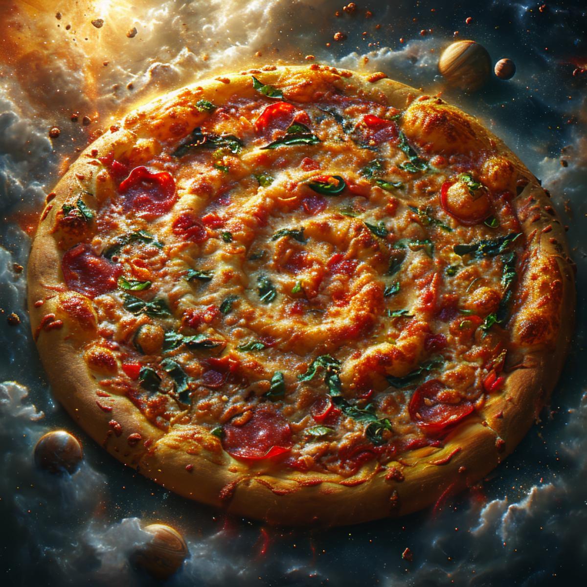 A photo of a pizza that looks like a planet, with different toppings as continents, oceans, and clouds. The pizza is floating in space, with stars and asteroids around it. The view is from the side, showing the detail and realism of the pizza. The lighting is dark and cosmic, with sunlight and shadows. In the style of NASA and Pizza Hut