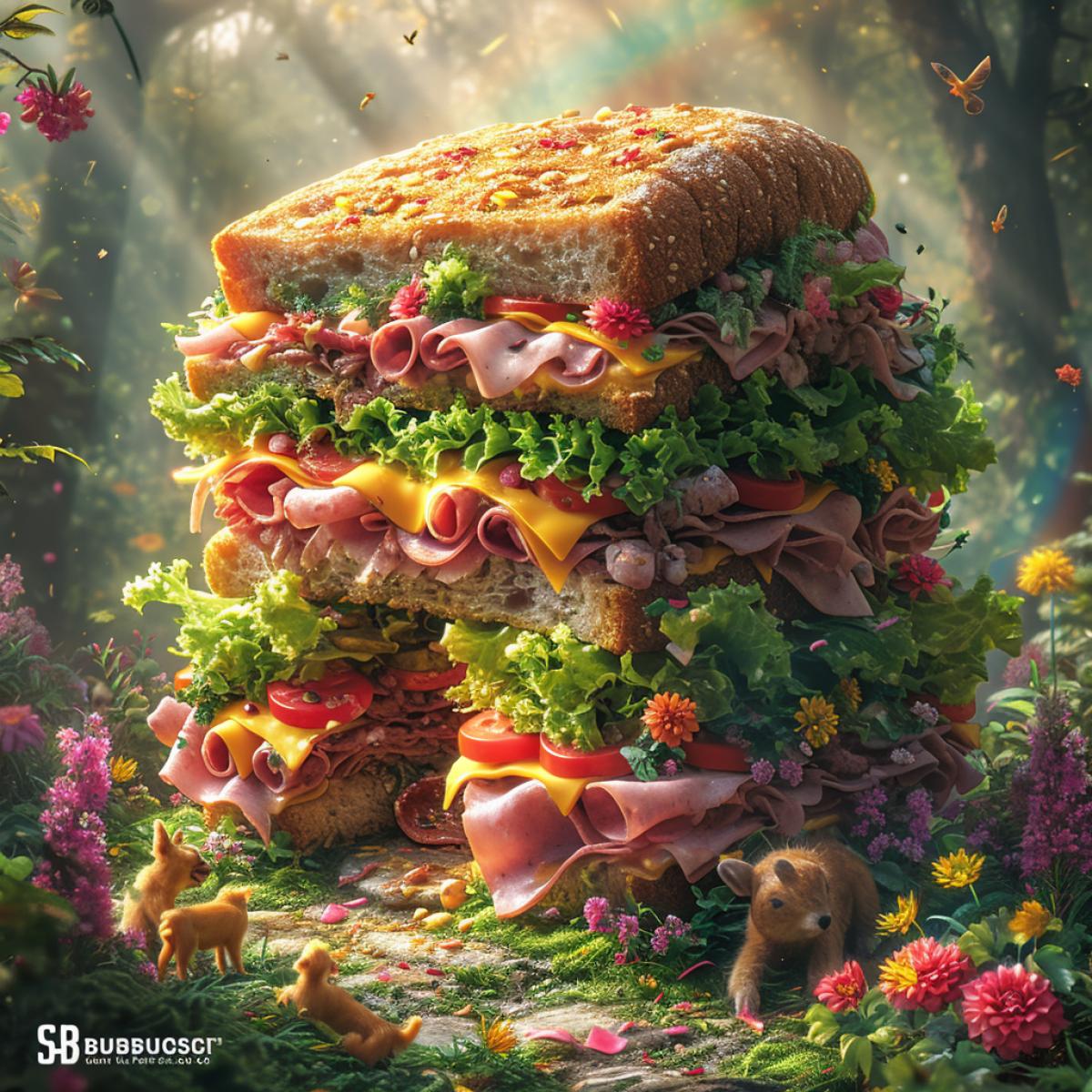 sandwich that looks like a mountain, with layers of bread, cheese, ham, lettuce, and tomato. The sandwich is surrounded by a landscape of trees, flowers, and animals. The view is from the front, showing the entrance and the path leading to the sandwich. The lighting is bright and natural, with sunbeams and rainbows. In the style of Bob Ross and Subway