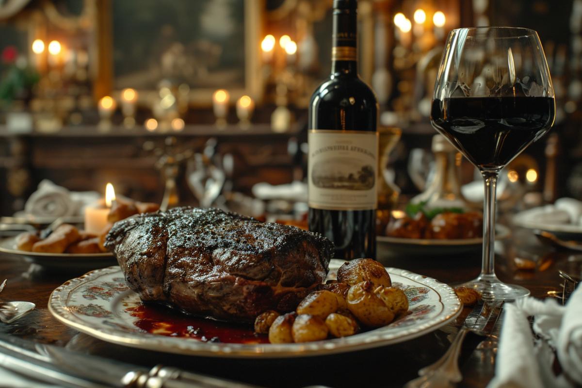 A photo of a dinner table set with fine china and silverware, with a plate of cow body and a glass of wine. The table is in a dark and elegant room, with paintings and books. The view is from the front, showing the detail and horror of the meal. The lighting is dim and sinister, with candles and shadows. In the style of Hannibal Lecter and The Silence of the Lambs1.