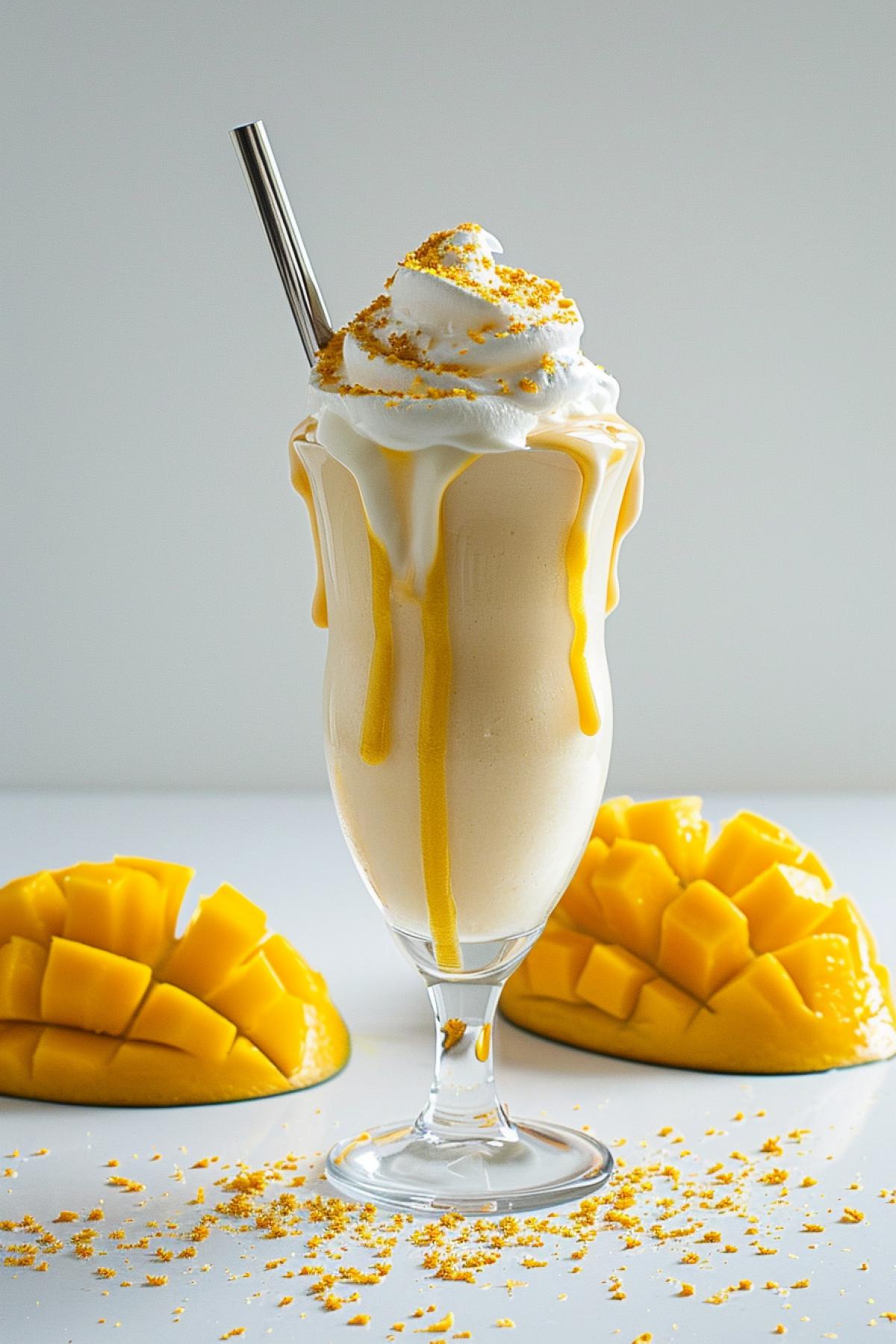 milkshake made from cream, mango, beautiful, delicate, aesthetic, white background, Dior style