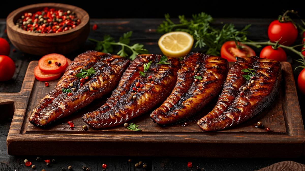 Juicy, appetizing smoked fish, worthy restaurant serving.