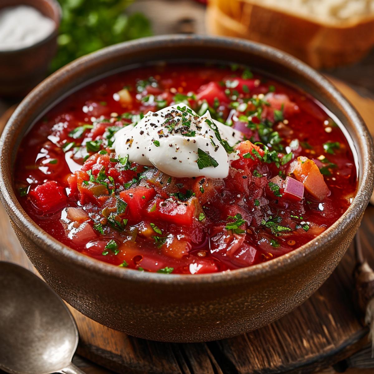 Appetizing borscht with sour cream, rustic restaurant serving