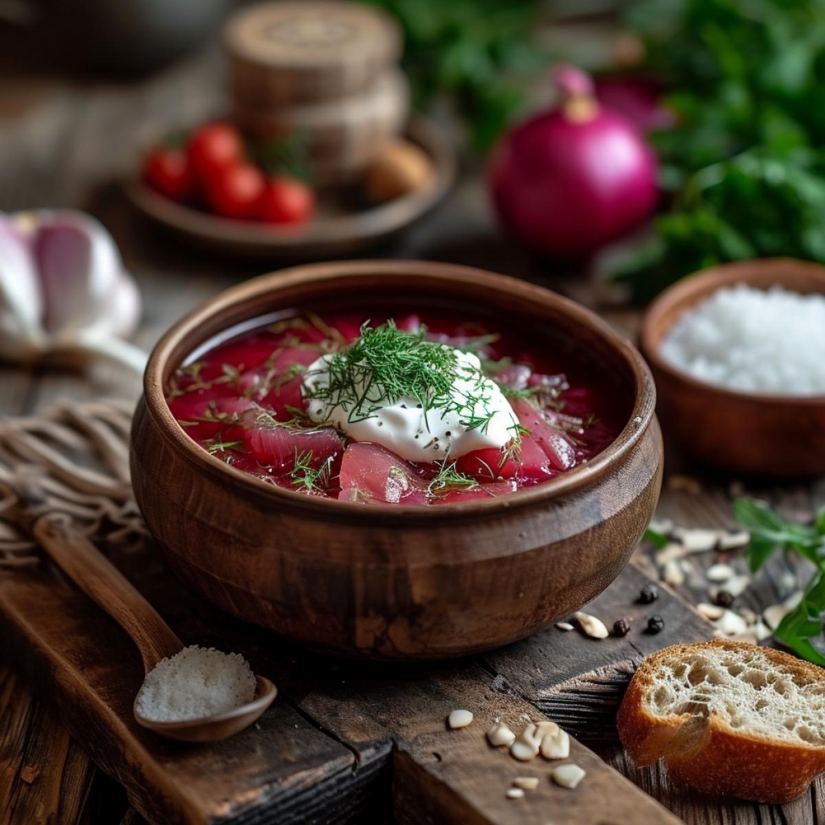 Appetizing borscht with sour cream, rustic restaurant serving
