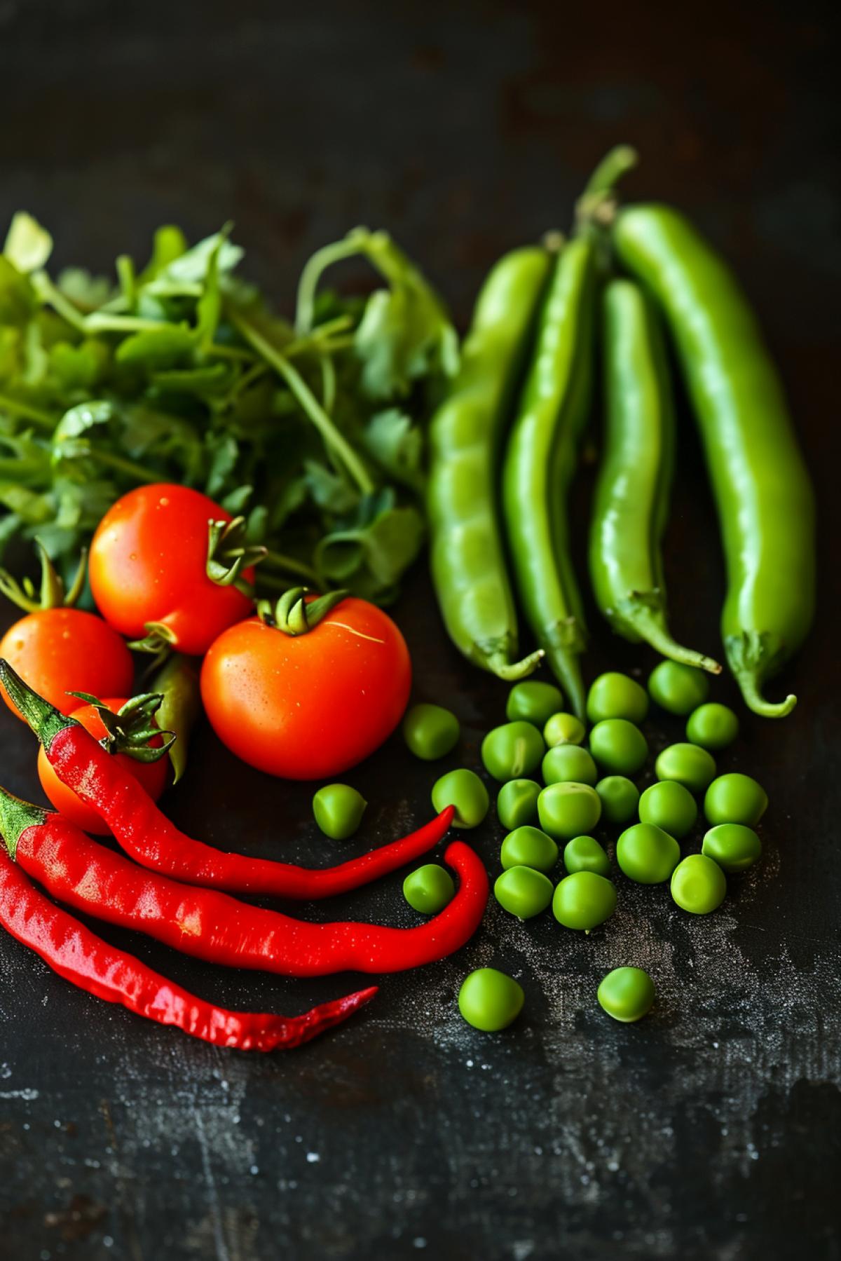 green peas and small chili pepper, juicy delicious colors