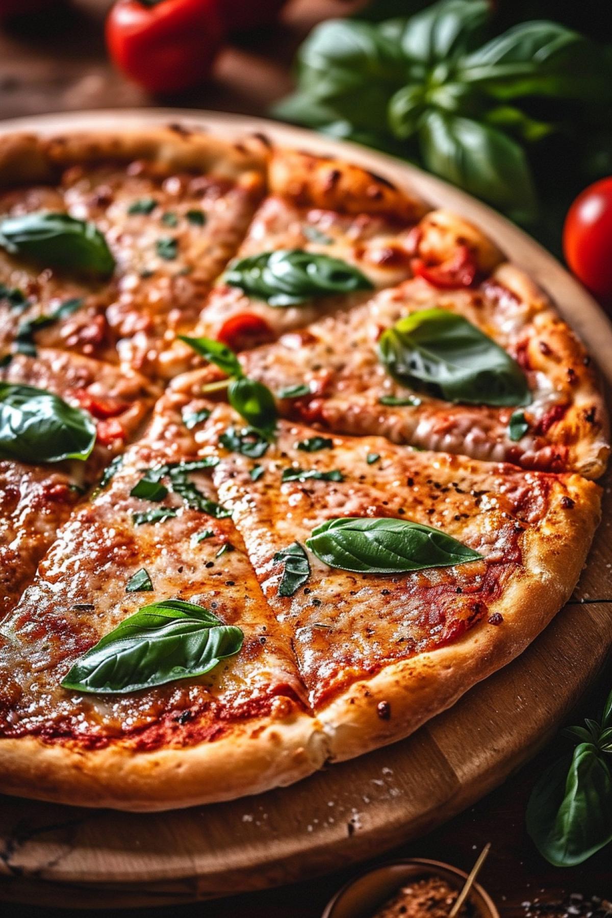 food aesthetics, delicious colors, Margherita pizza, lots of basil cheese