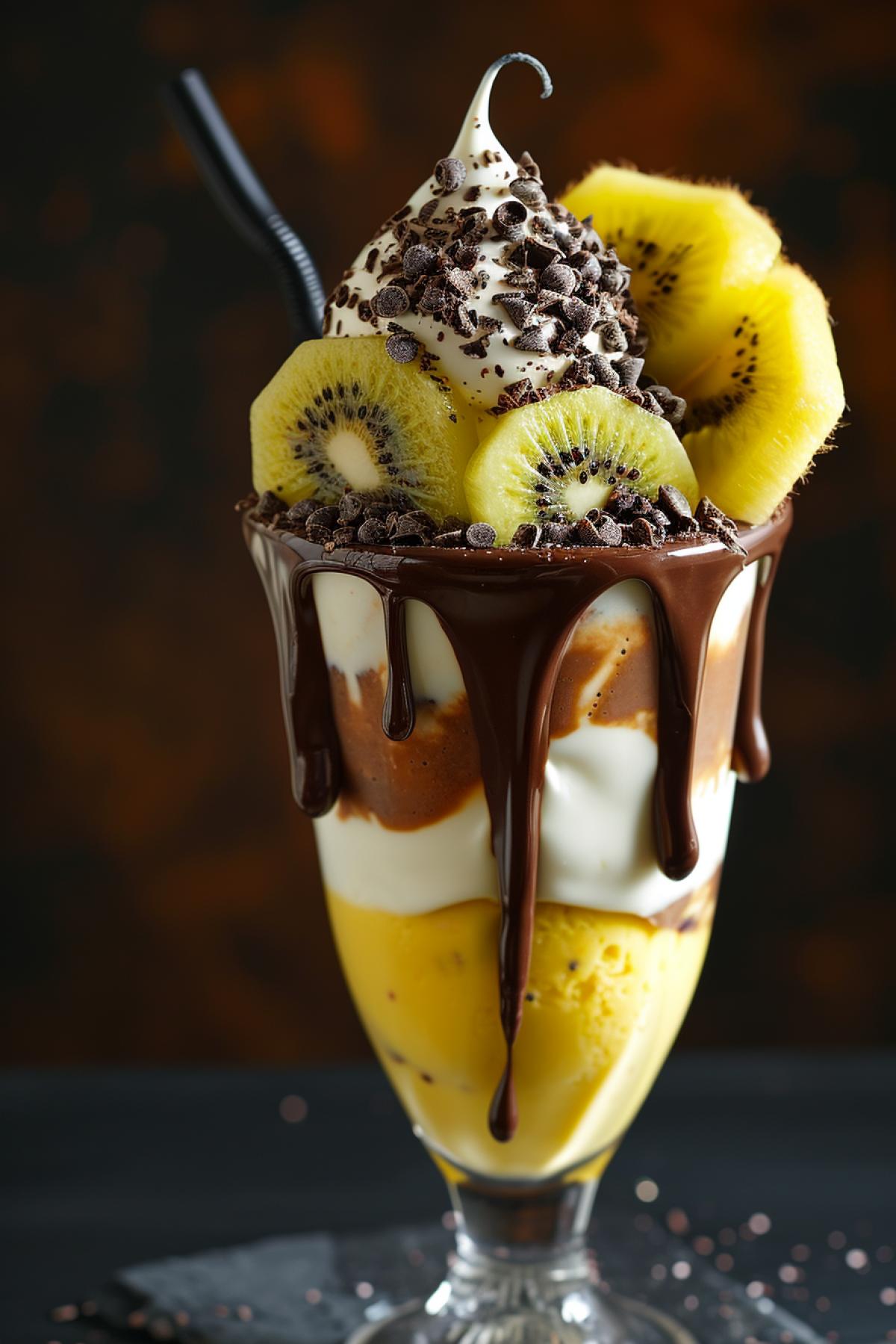 dripping chocolate and yellow kiwi fruit icecream cake in a milkshake glass, food photography, opulent, hyper realistic, HD, focus on food,