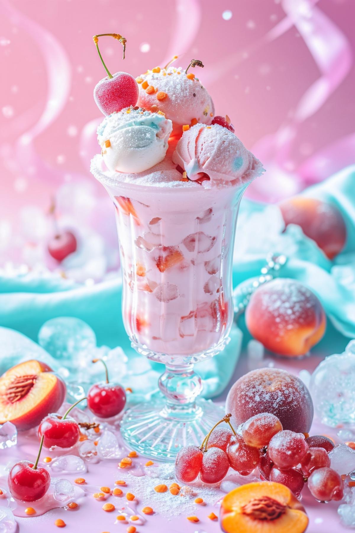 A glass of ice cream and snow topped milkshake drink, Fruit and ice cubes around, Peaches and cherries, Strawberries and grapes, Fruit candy, Water droplets and frost, in the style of light turquoise and pink, soft, A bright color, Dreamy, best quality