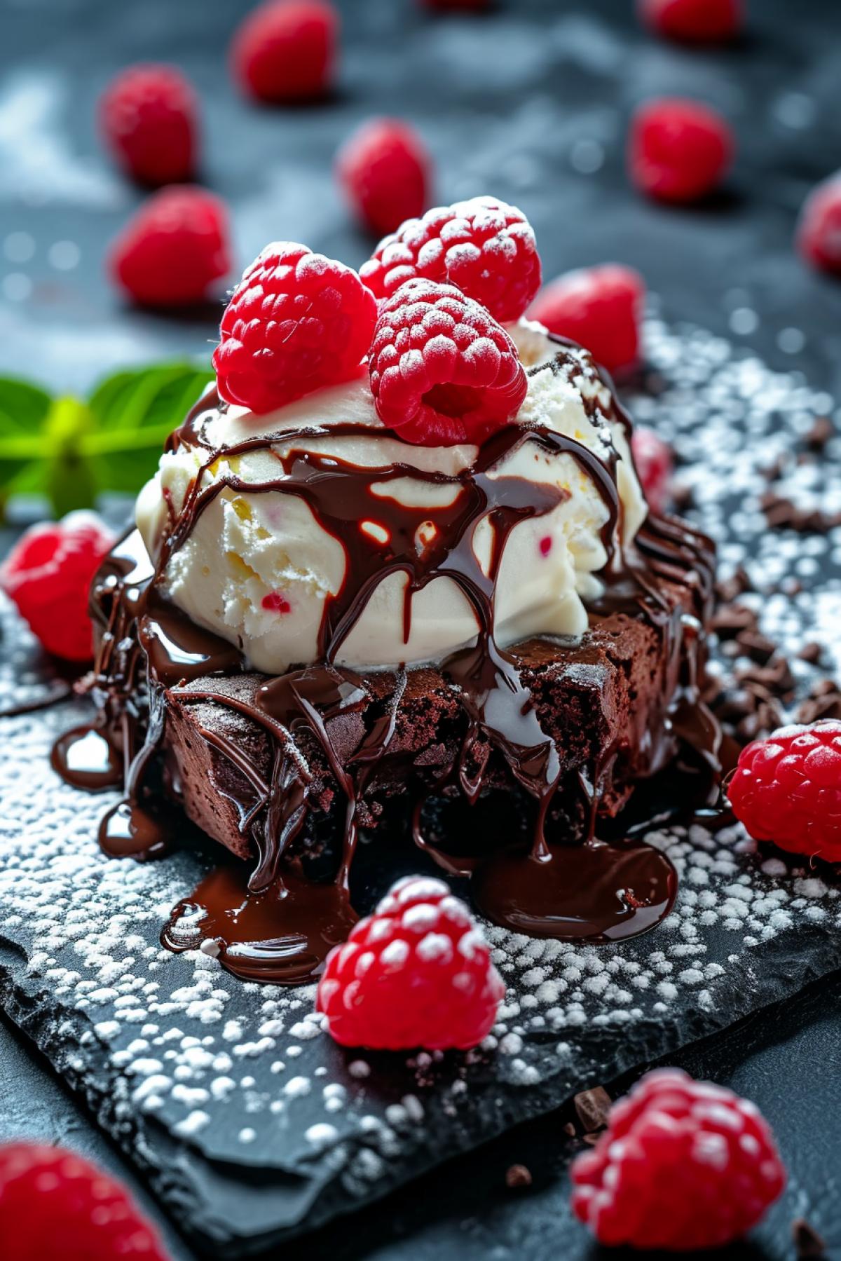 food photography, studio lighting, soft lighting, f1,8, intricate, detailed, f1.2, bokeh, ice cream on a fudge brownie with whipped cream and chocolate sauce surrounded by raspberries