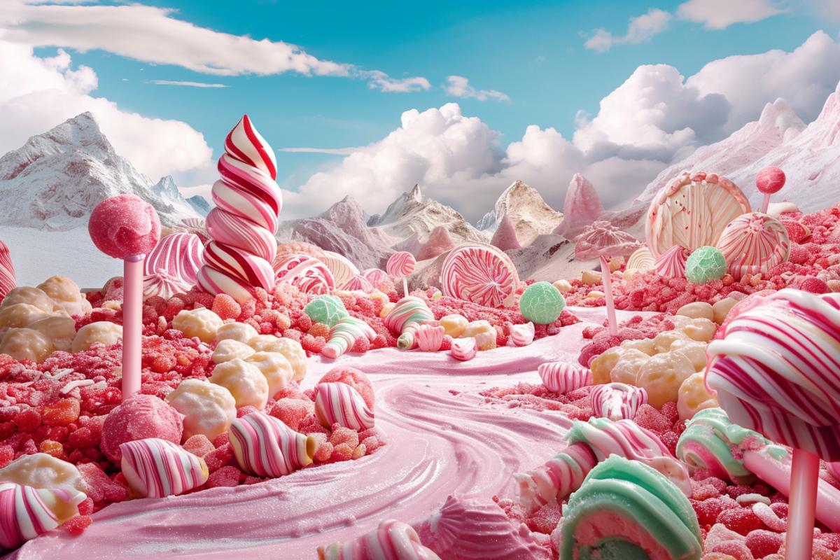 A breathtaking landscape of candy and ice cream, food photography