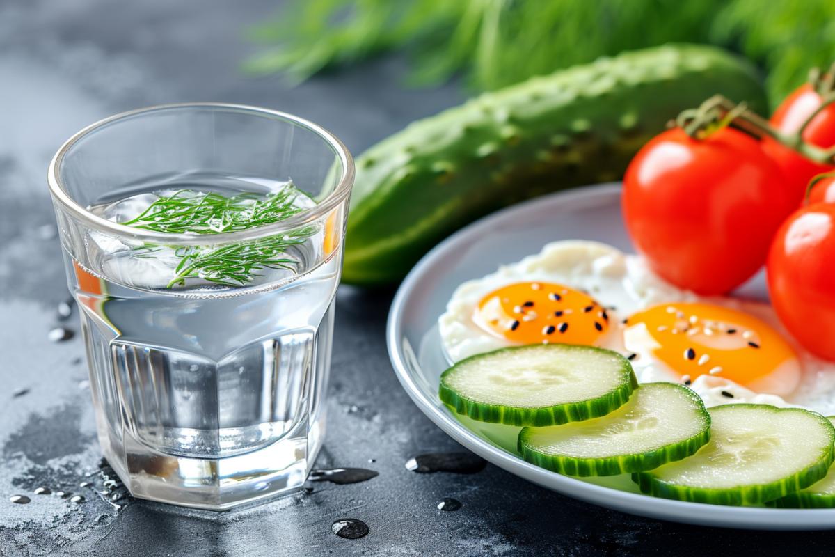 A plate of scrambled eggs and dill, sliced cucumbers and tomatoes nearby, a misted shot of vodka, styled with intense color saturation, light gold and amber, Japanese photography, split toning, culturally diverse elements, deconstructed pop, far and deep distance