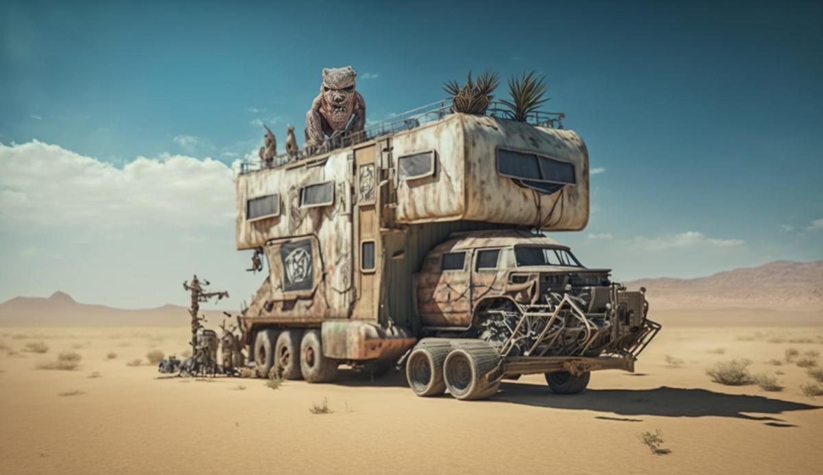 Home on wheels in the middle of the desert in the style of Mad Max