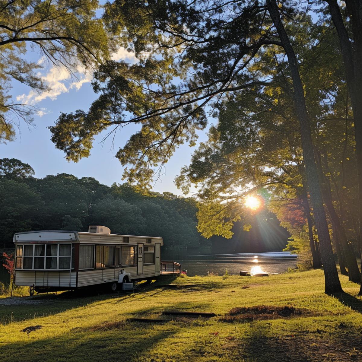 A photo of a mobile home in a beautiful natural setting. The mobile home is surrounded by trees and has a view of a lake.