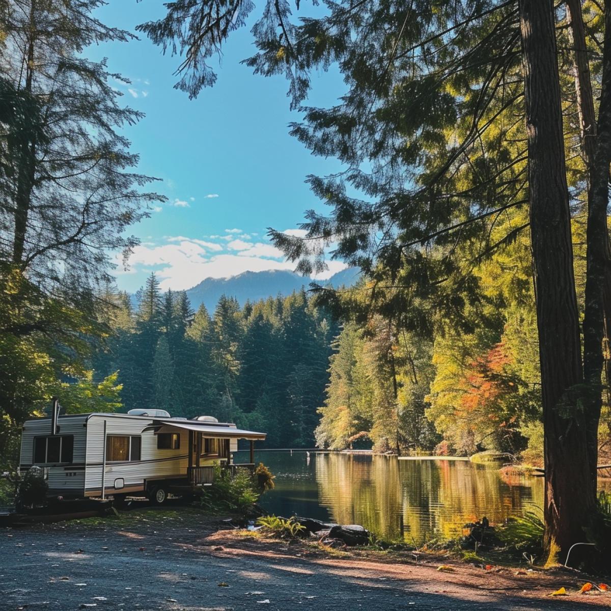 A photo of a mobile home in a beautiful natural setting. The mobile home is surrounded by trees and has a view of a lake.