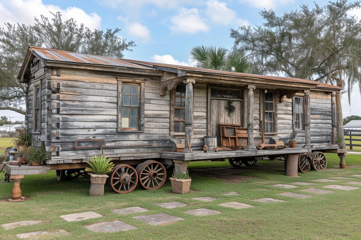 Old wooden farmhouse on wheels
