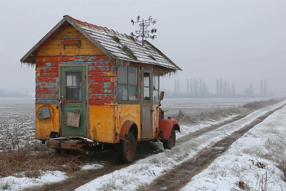 Old wooden farmhouse on wheels