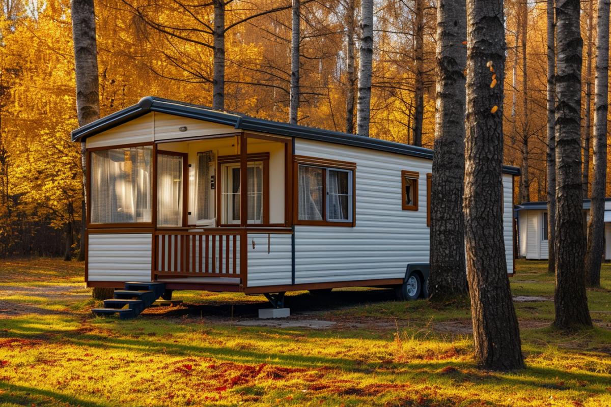 A cozy and comfortable mobile home stands in a forest clearing