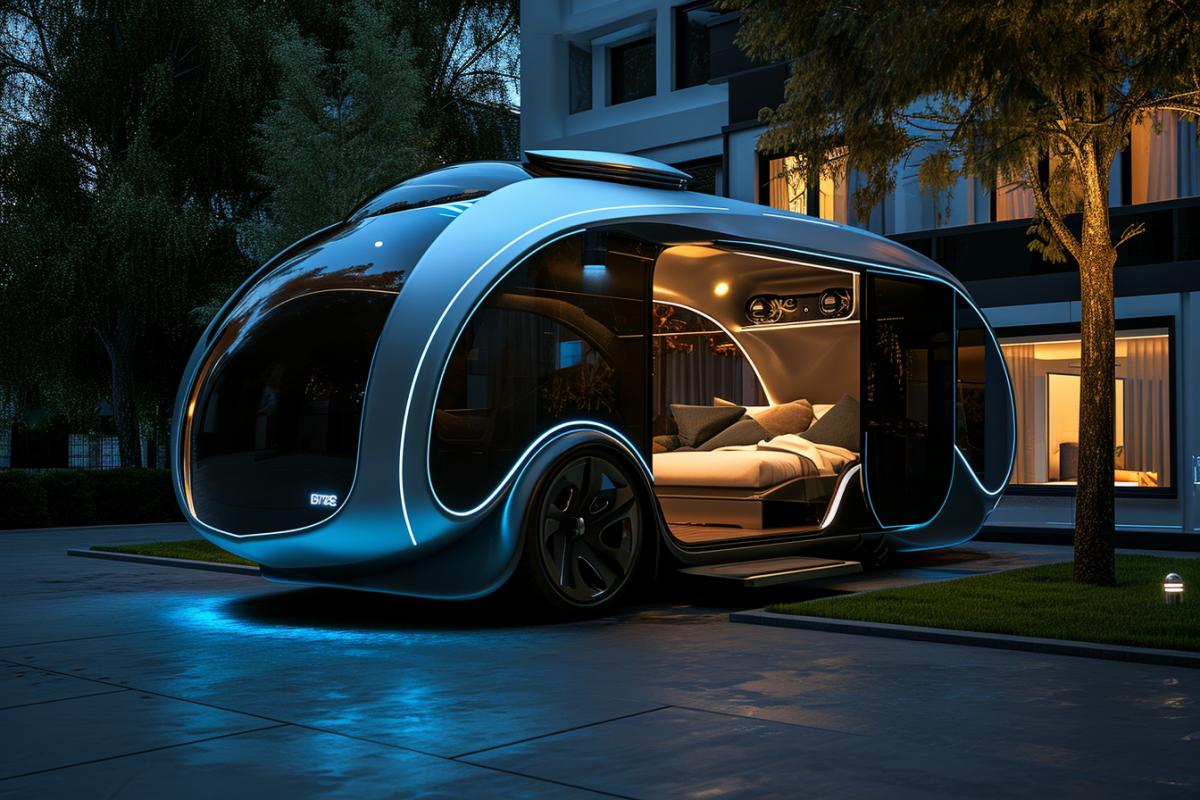 A compact and ultra-modern house-bus on wheels, the appearance of which is smooth curved lines and a semicircular shape. Optical illusions create the impression of lightness and smoothness, and built-in LED lights emphasize modern style.. Colors: Silver and matte dark with futuristic blue highlights.
