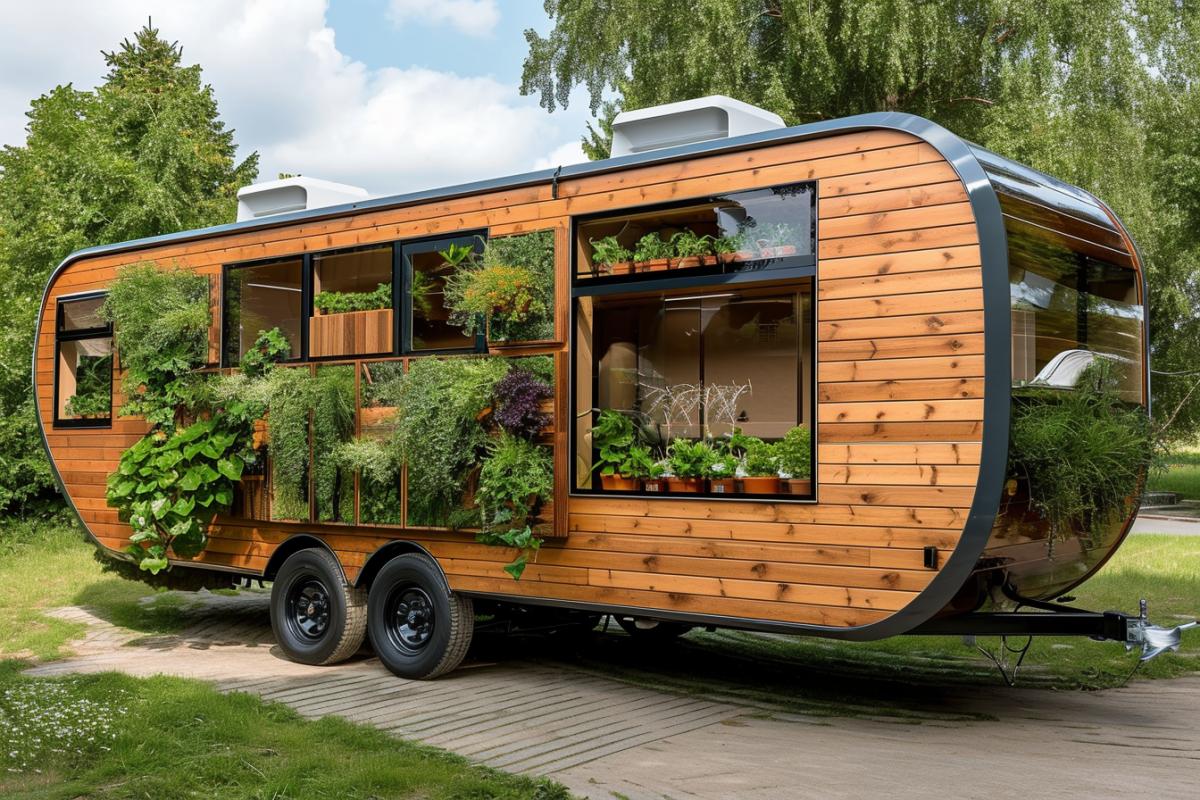 This caravan combines glass panels with wood elements to create a natural and modern look. The façade is decorated with vertical garden panels containing live plants, creating the impression of a hanging garden.. Colors: Main color natural wood, with accents of greenery and warm shades of beige