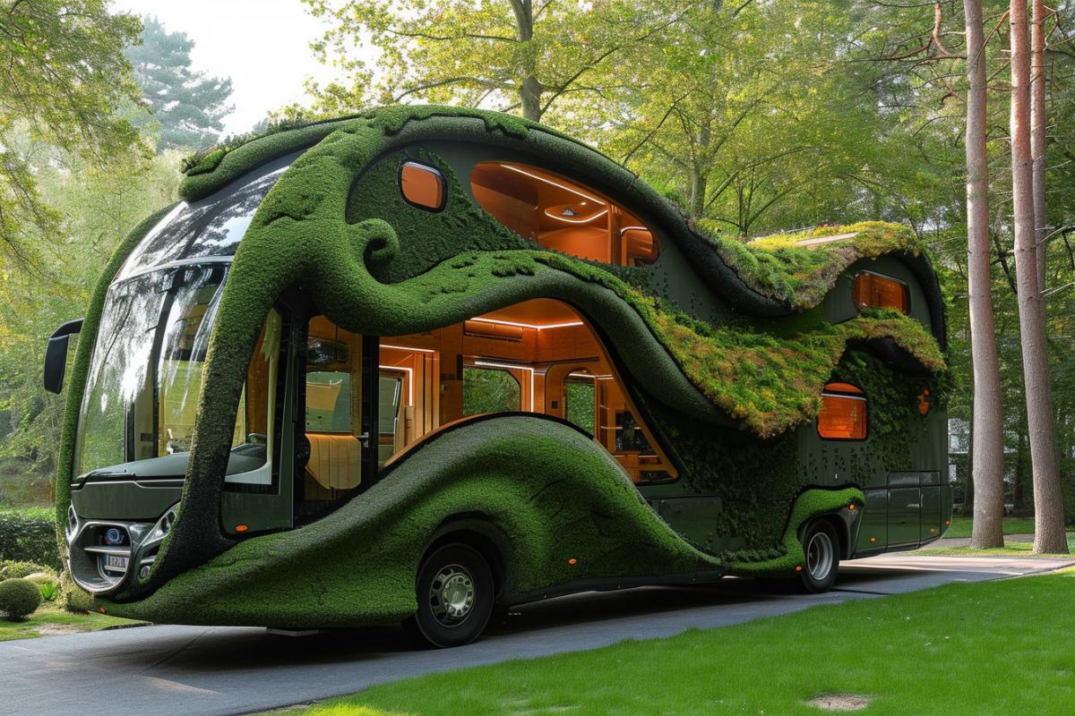The exterior of this motor home mimics a rainforest, with green vertical landscaping and a textured roof reminiscent of vines. The windows are shaped like large leaves, creating a feeling of being in nature.. Colors: Green and beige shades, as well as neutral tree bark colors.