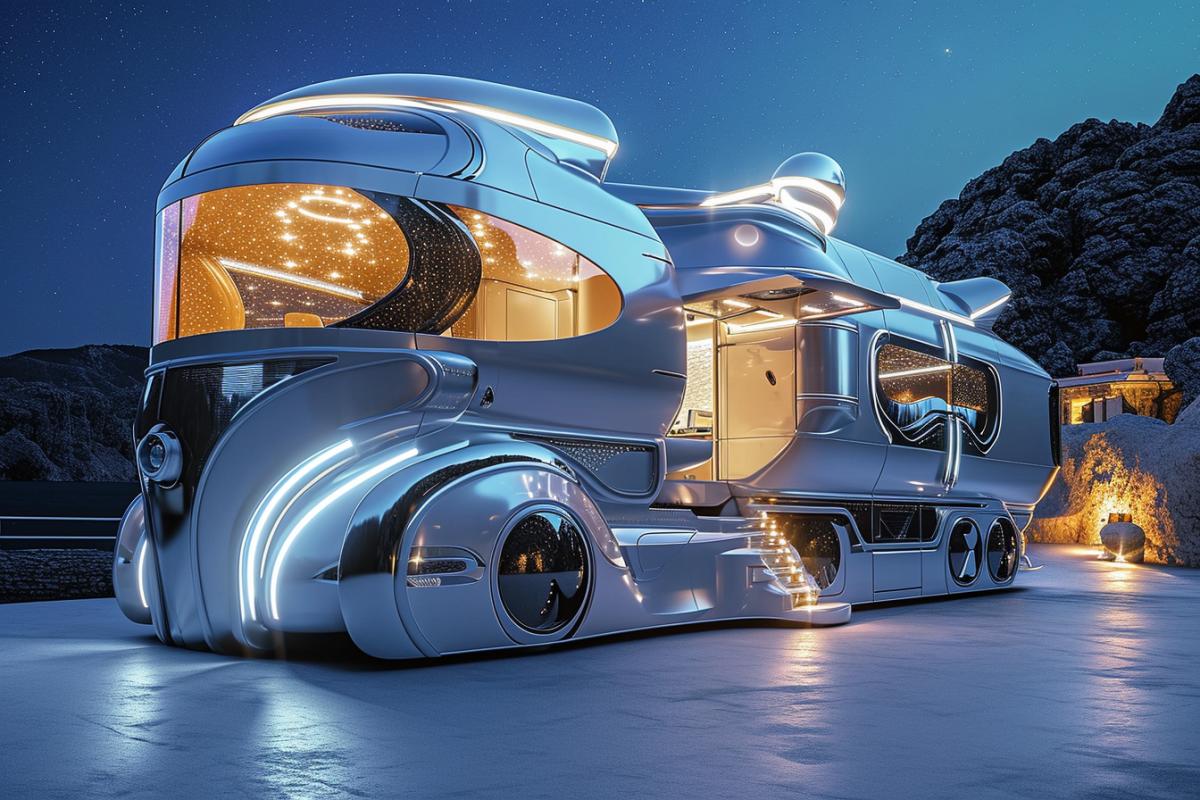 This unique motor home creates the illusion of a future journey into space. The exterior is accentuated by flowing lines, and a sparkling domed roof made of material allows occupants to enjoy the starry sky.. Details: Built-in electronic windows with variable transparency, backlight imitating the starry sky. Entrance doors with automatic opening, stylized as the entrance to a spaceship.. Colours: Silver blue with chrome effect.