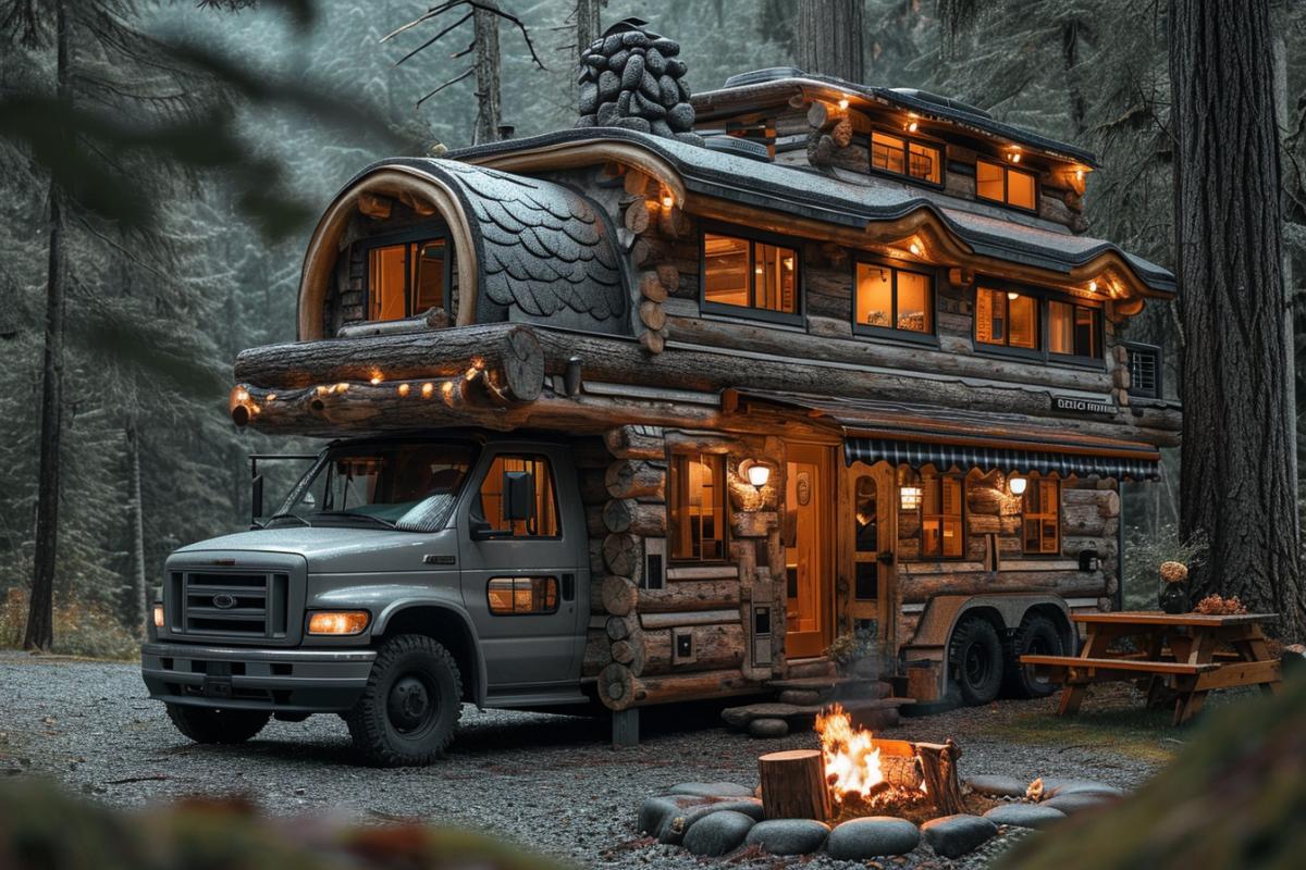 photo of a motorhome that looks like a log cabin, with a wooden exterior and a stone chimney. The motorhome is parked in a forest, with a campfire and a picnic table. The view is from the front, showing the entrance and the windows. The lighting is warm and cozy, with lamps and stars. In the style of HGTV and Cabin in the Woods.