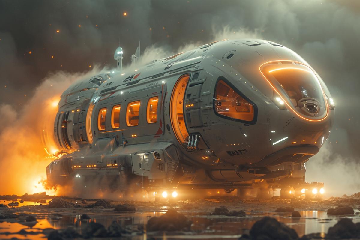 motorhome that looks like a rocket, with a sleek exterior and a launch pad. The motorhome is ready to blast off, with smoke and flames. The view is from below, showing the height and the power. The lighting is bright and futuristic, with rockets and spotlights. In the style of Elon Musk and The Jetsons.