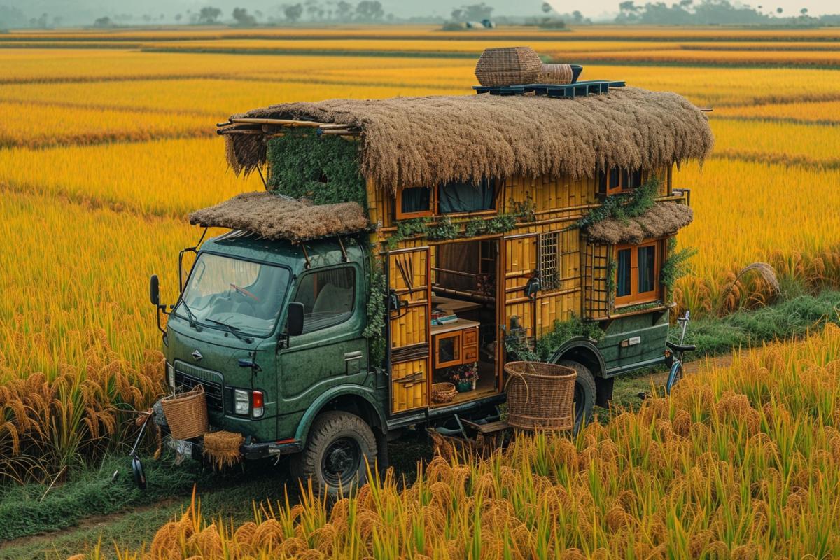 motorhome that looks like a bamboo hut, with a simple exterior and a thatched roof. The motorhome is located in a rice field, with a bicycle and a basket. The view is from above, showing the layout and the contrast. The lighting is bright and crisp, with gradients and highlights. In the style of Mo Yan and National Geographic