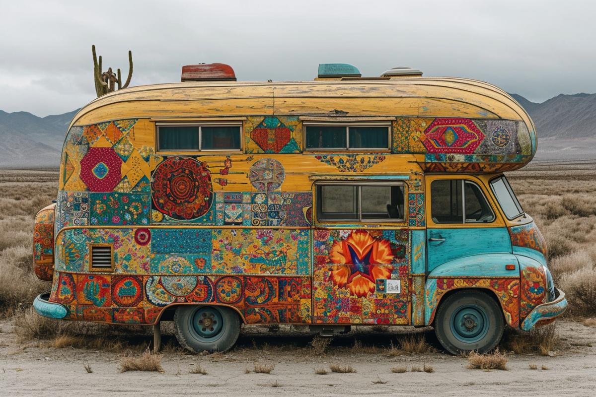 Professionally photo of a motorhome that looks like a colorful caravan, with a wooden exterior and a patchwork quilt. The motorhome is traveling in a desert, with a camel and a cactus. The view is from the side, showing the depth and the movement. The lighting is cool and bright, with sky and sand. In the style of Frida Kahlo and Aladdin.