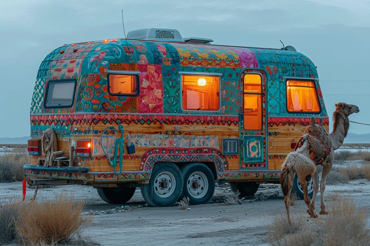 Professionally photo of a motorhome that looks like a colorful caravan, with a wooden exterior and a patchwork quilt. The motorhome is traveling in a desert, with a camel and a cactus. The view is from the side, showing the depth and the movement. Its night, the lighting outside is dark and cold, but inside its warm and cozy, with sky and sand. In the style of Frida Kahlo and Aladdin.