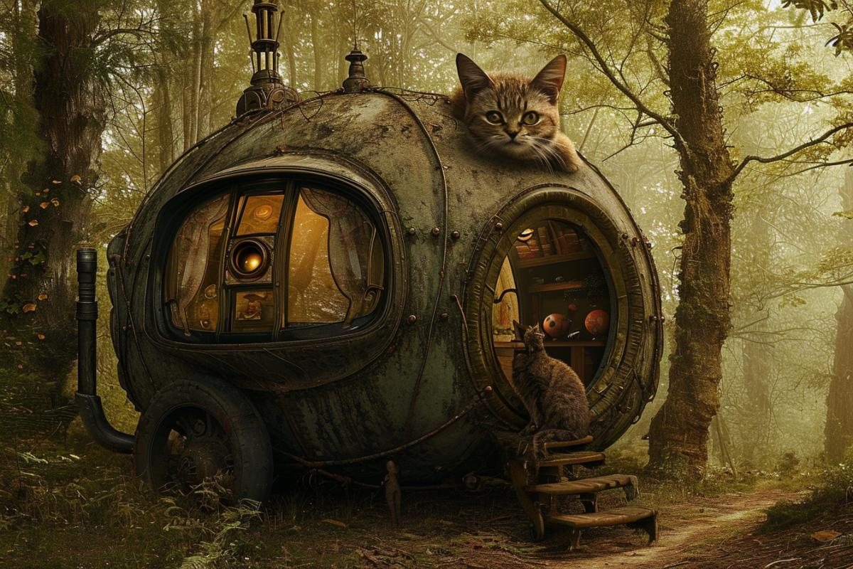 Mobile home for a cat fairy tale magical world illustration baroque steampunk