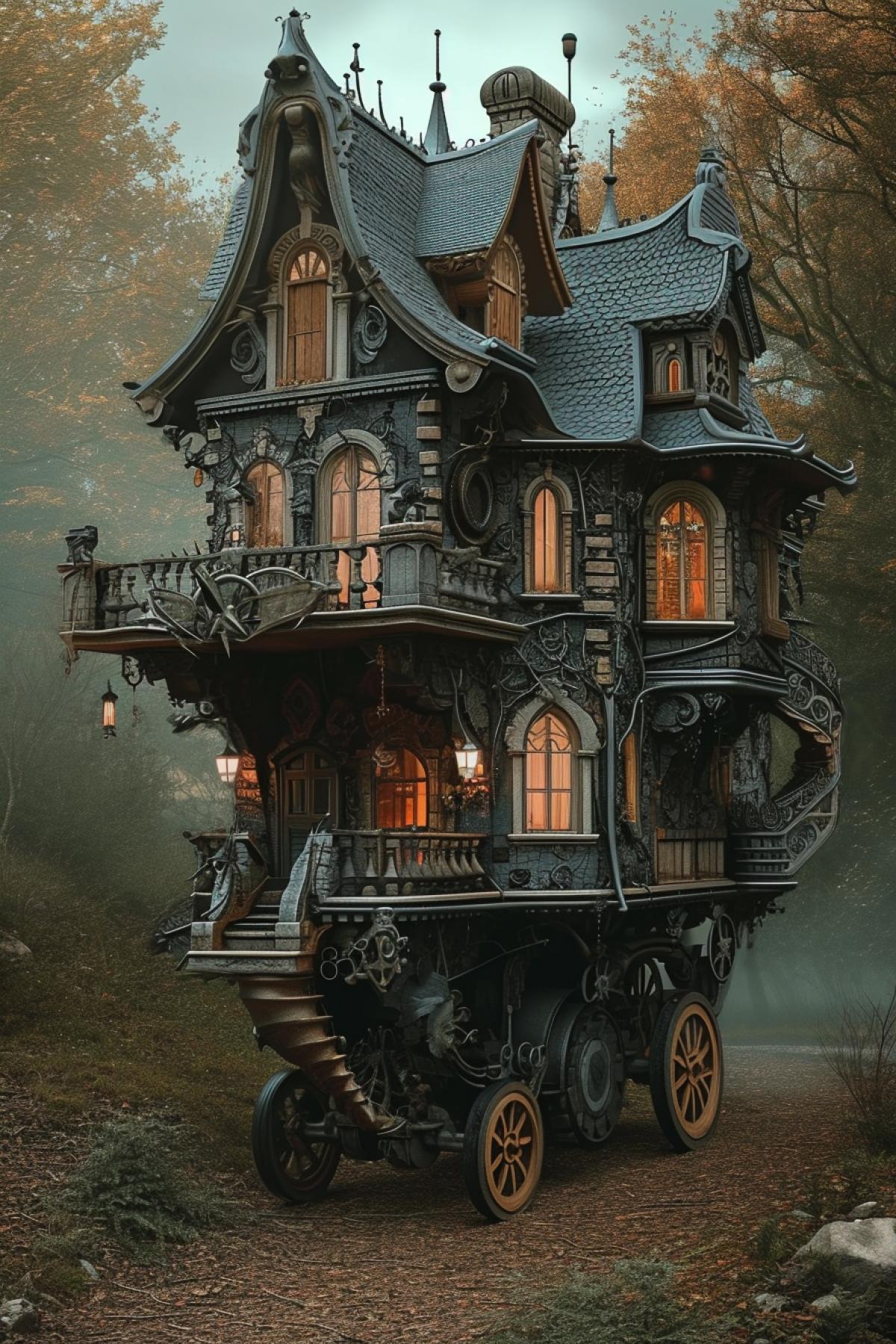 House with wheels, parallel dimension, reality distortion, gothic style