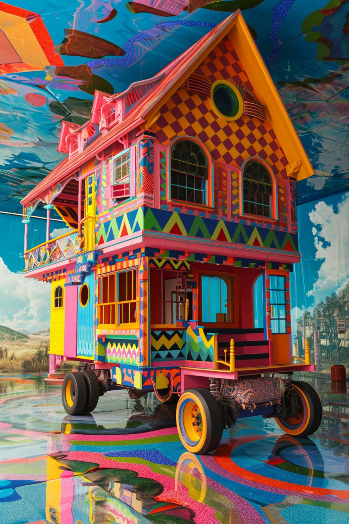 House with wheels, parallel dimension, distortion of reality, bright and saturated colors