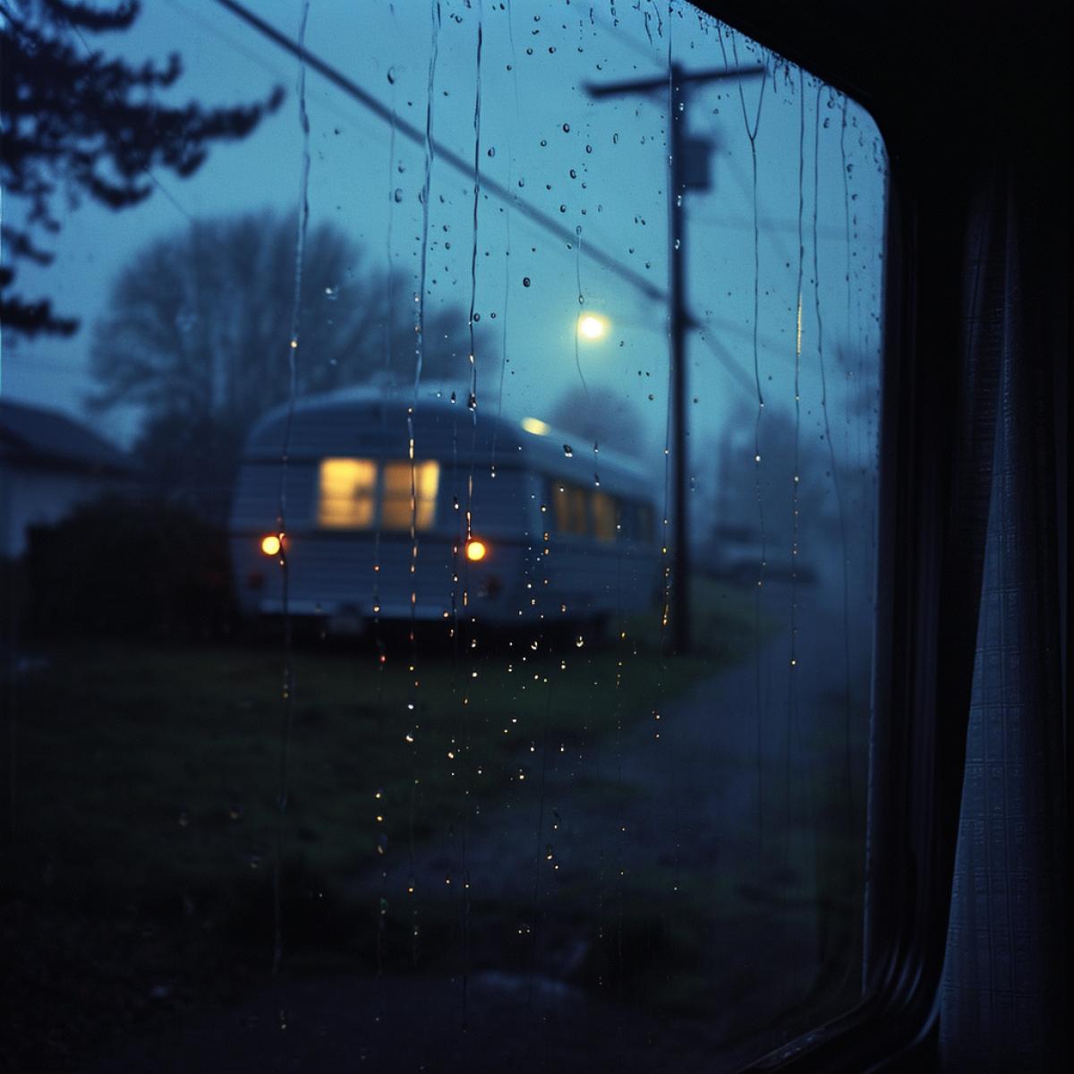 looking out a back window with rain sliding down the glass at a navy blue 1965 mobile home with high beams on at night